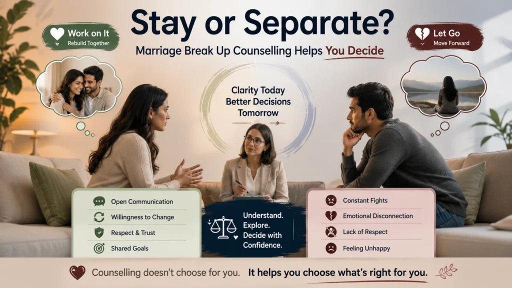 Marriage break-up counselling process showing a couple discussing relationship decisions with a professional counsellor
