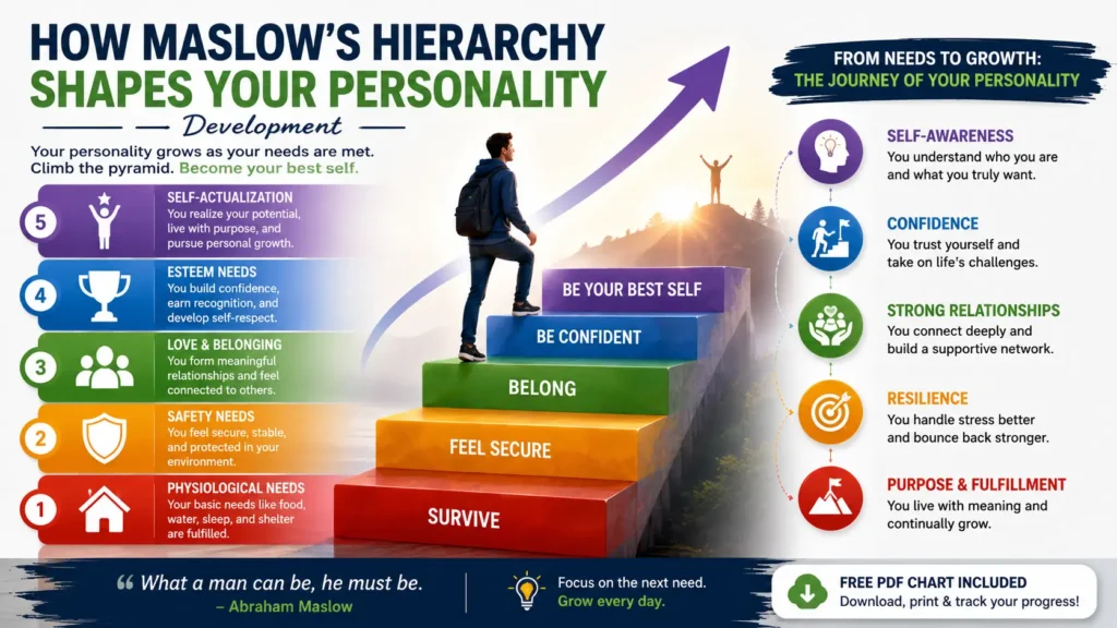 Illustration showing how Maslow's Hierarchy of Needs shapes personality development from basic needs to self-actualization through personal growth.