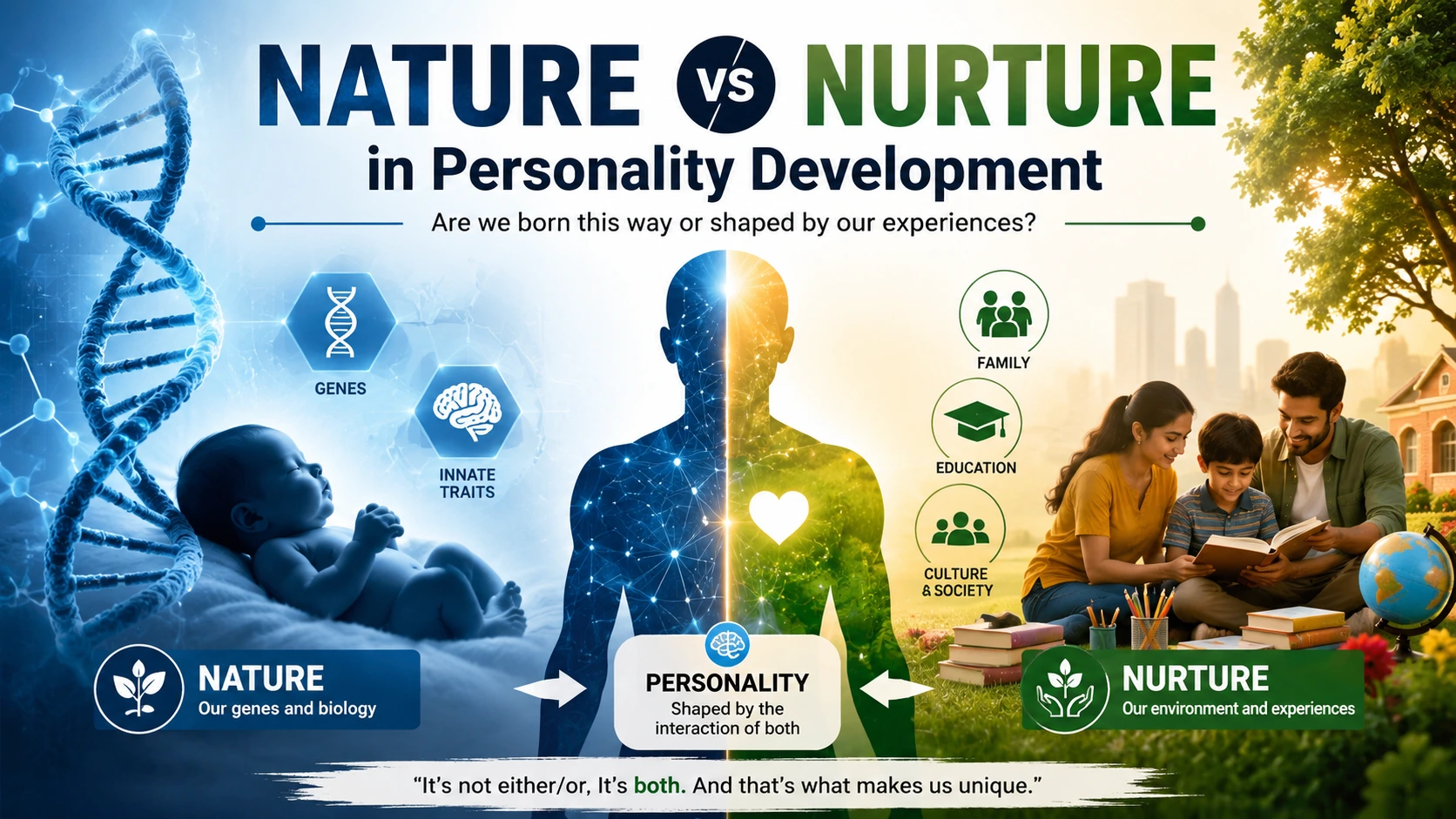 Nature vs Nurture in Personality Development showing the influence of genes and environment on personality