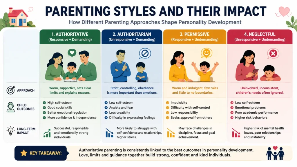 Infographic comparing authoritative, authoritarian, permissive, and neglectful parenting styles and their impact on children's personality development.