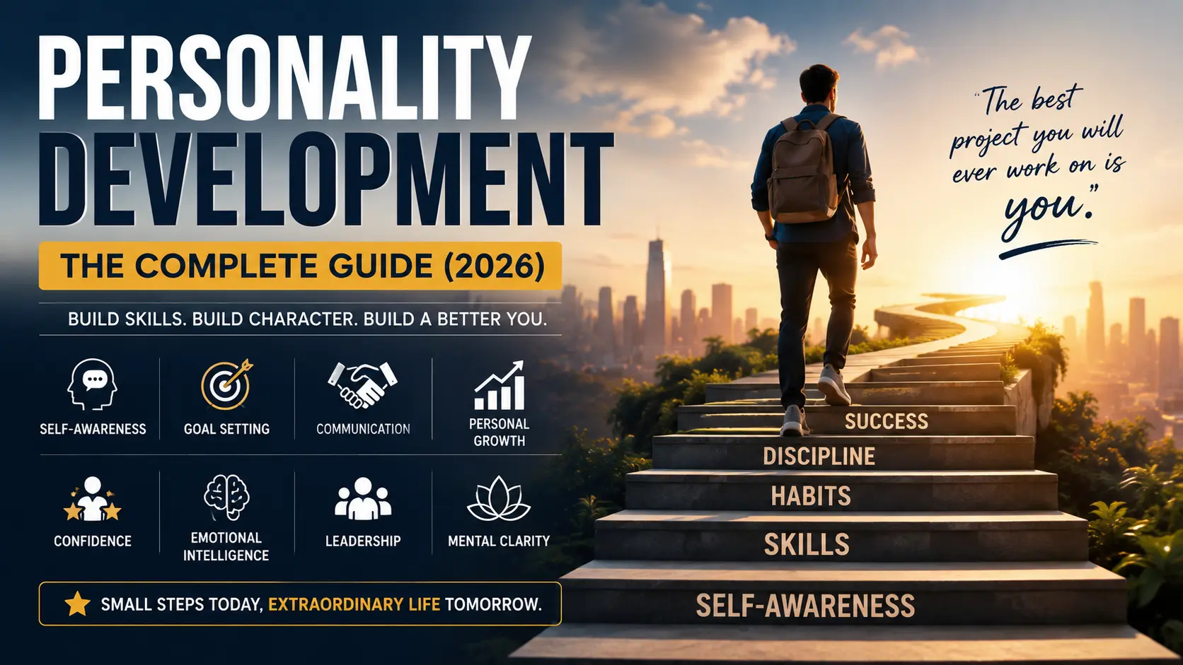 Personality development guide showing a confident person walking toward success, representing self-awareness, confidence, communication skills, leadership, and personal growth.