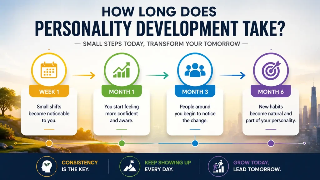 Personality development timeline showing progress from Week 1 to Month 6 with consistent habits, confidence, and personal growth.