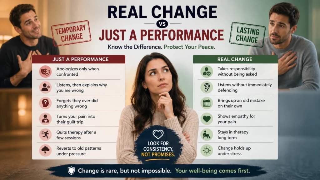 Can a narcissist change comparison showing real change versus temporary performance in narcissistic behavior