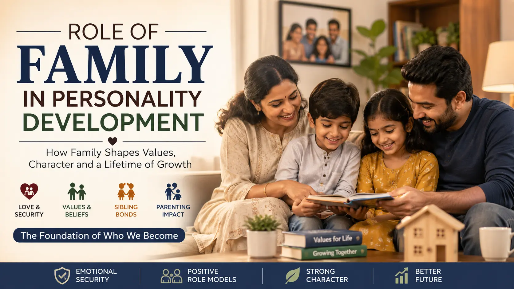 Illustration showing a happy family together, representing the role of family in personality development through parenting, emotional security, values, and sibling relationships.
