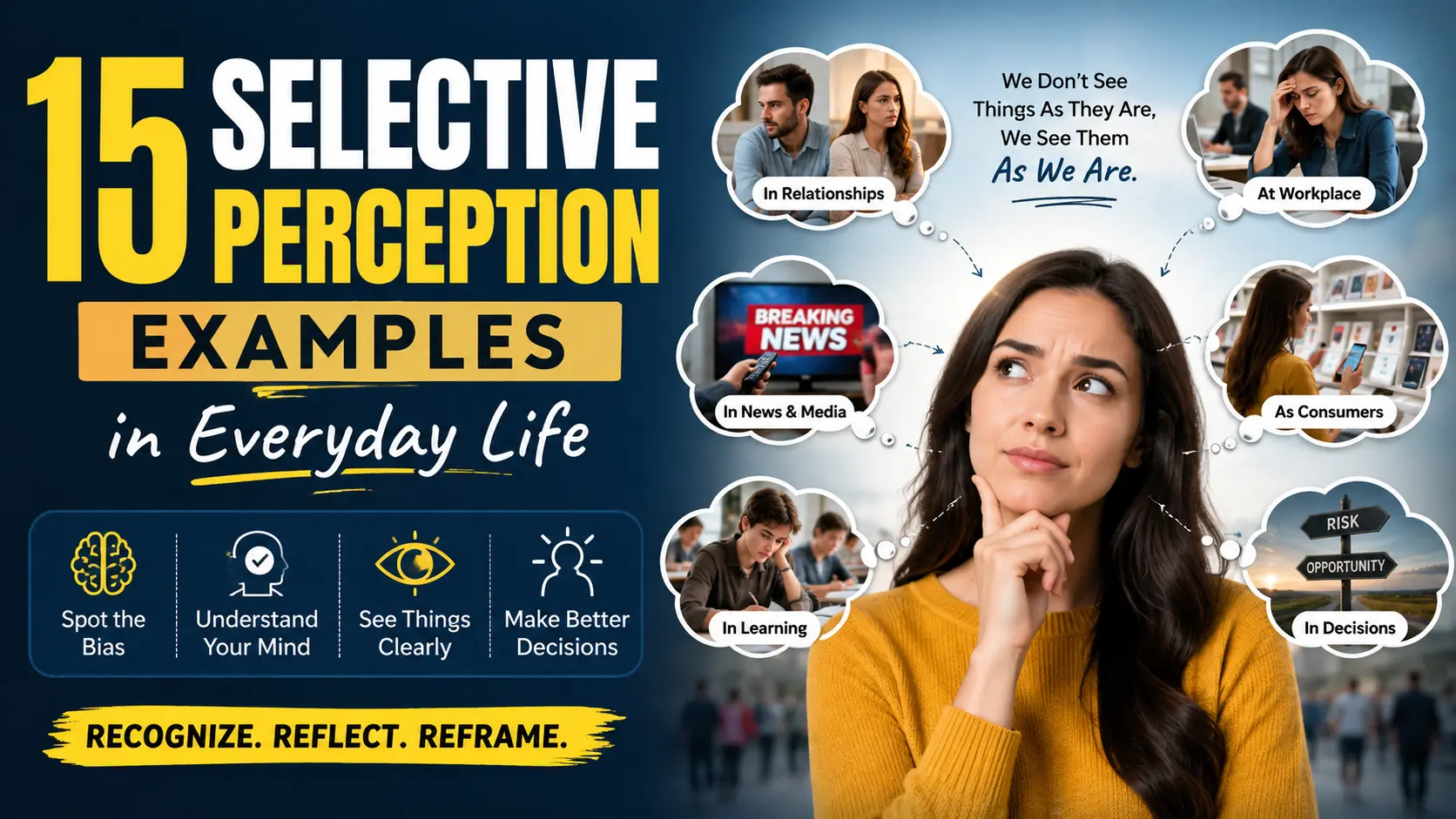 Illustration showing 15 selective perception examples in everyday life, including relationships, workplace, media, and decision making