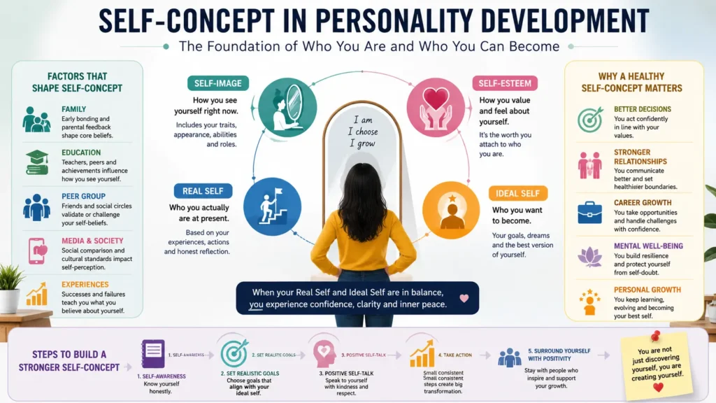 Self-concept in personality development infographic showing self-image, self-esteem, ideal self, key factors, and practical steps for personal growth