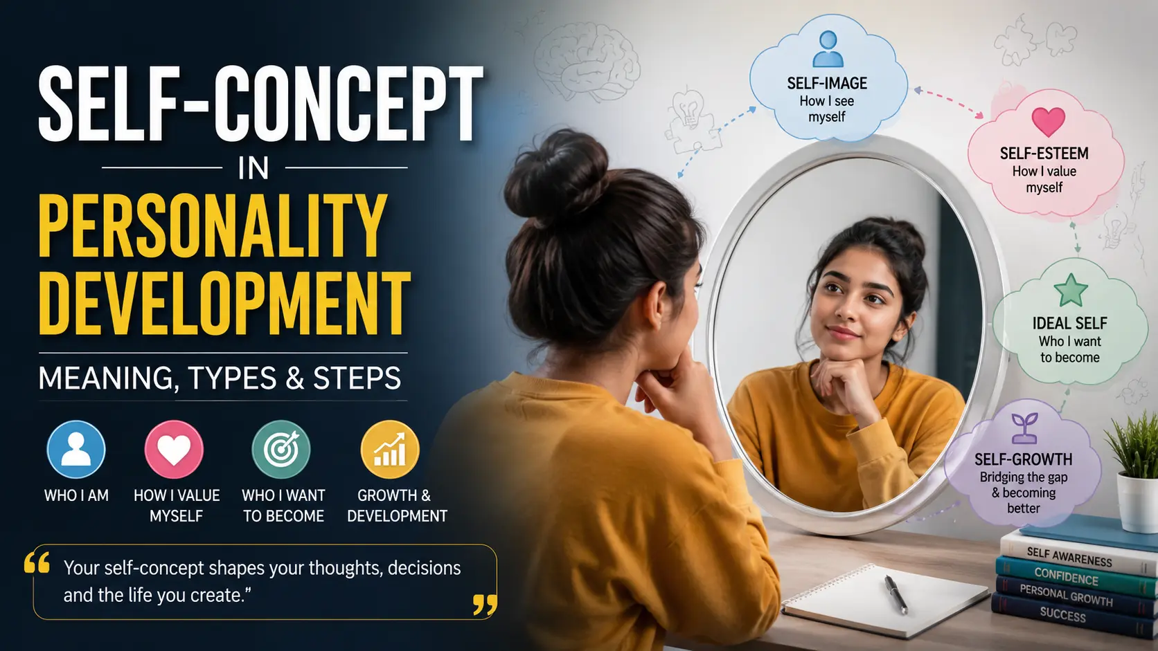 Illustration explaining self concept in personality development, including self-image, self-esteem, ideal self, and personal growth.