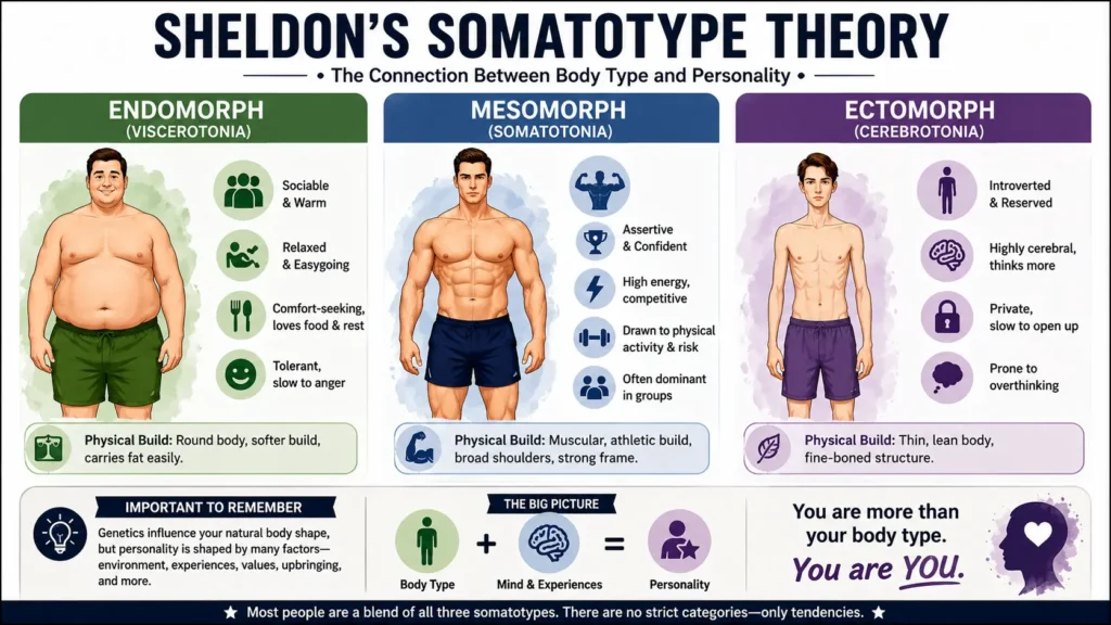 Three body types in Sheldon's somatotype theory: endomorph, mesomorph, and ectomorph with personality traits