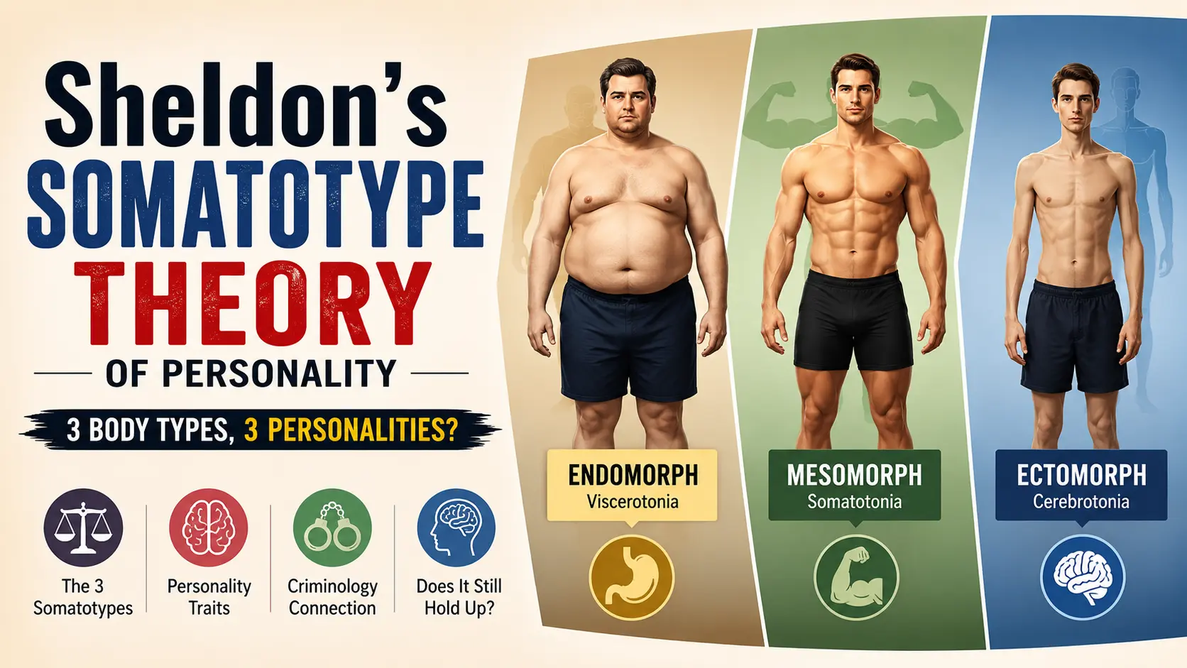Sheldon's Somatotype Theory of Personality showing endomorph, mesomorph, and ectomorph body types