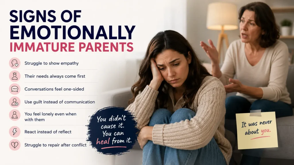 Signs of emotionally immature parents including lack of empathy, guilt, one-sided conversations, and emotional neglect