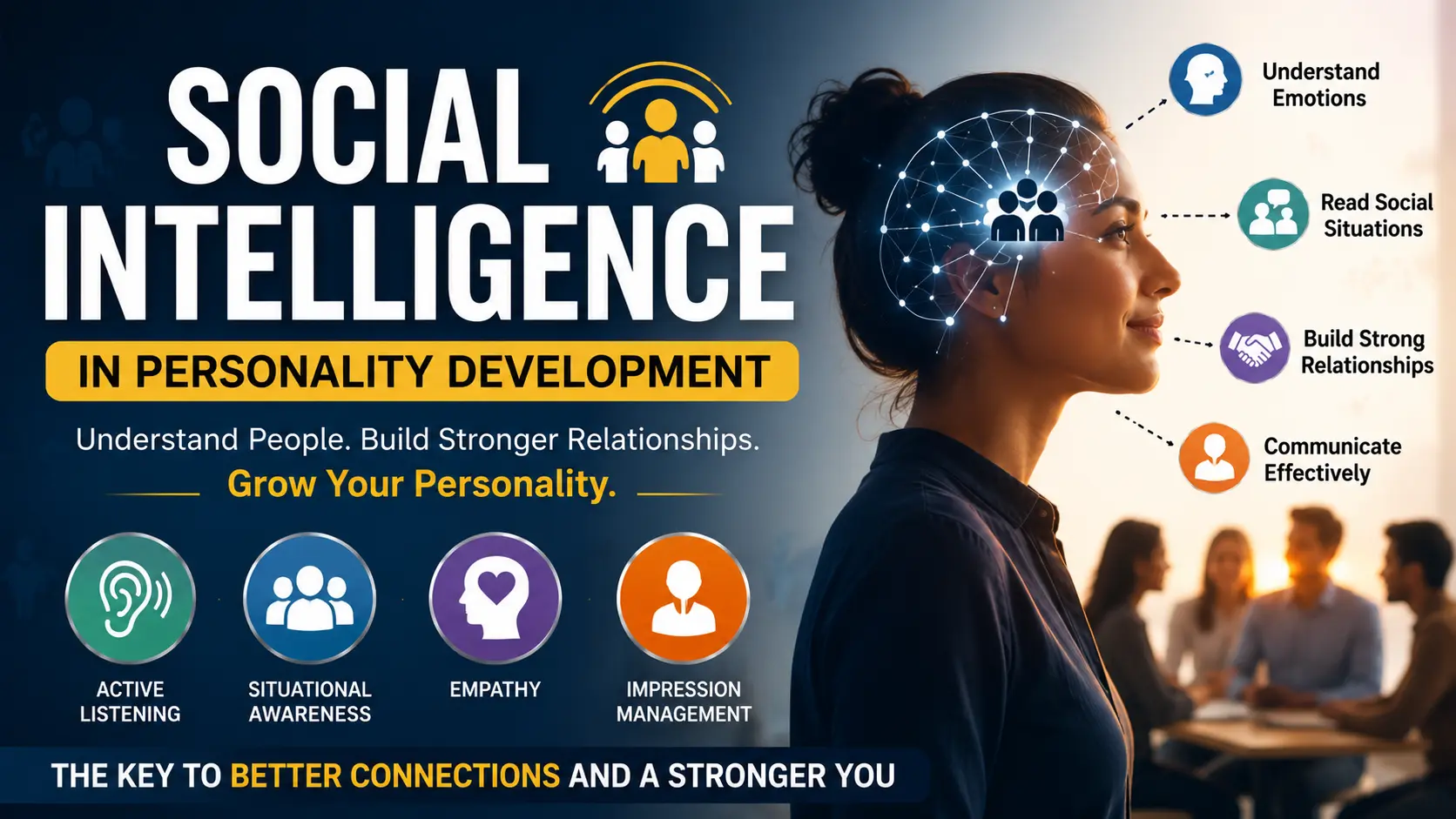Social intelligence in personality development showing active listening, empathy, situational awareness, and impression management to build stronger relationships and communication skills.