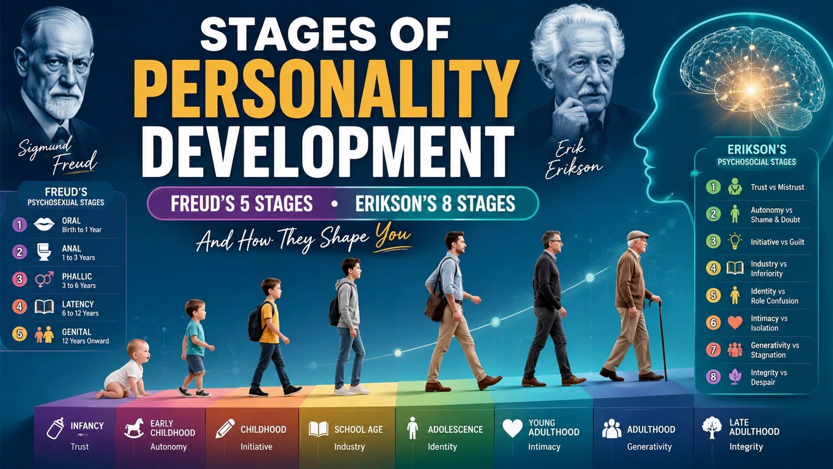 Stages of personality development infographic comparing Freud's 5 stages and Erikson's 8 stages across the human lifespan.