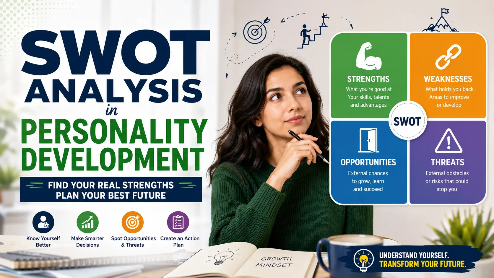 Illustration of SWOT analysis in personality development showing strengths, weaknesses, opportunities, and threats with a personal growth planning concept