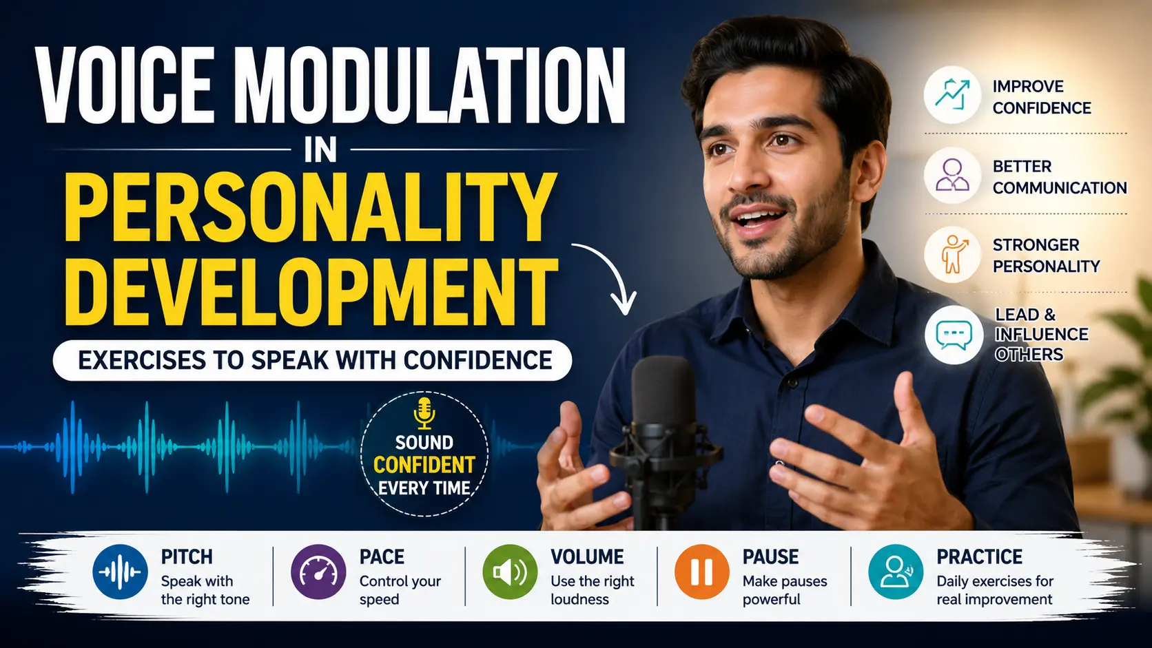 Person practicing voice modulation exercises to improve confidence, communication, and personality development