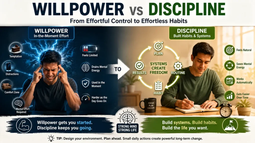 Willpower vs discipline infographic showing how to build willpower, develop self-control, and create lasting habits through discipline