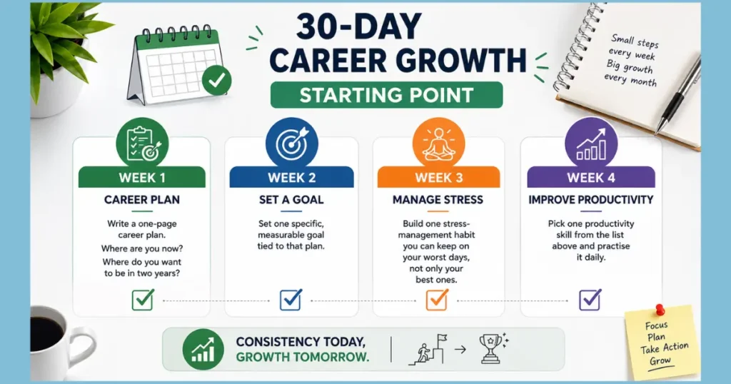 30-day career growth plan checklist with weekly career goals