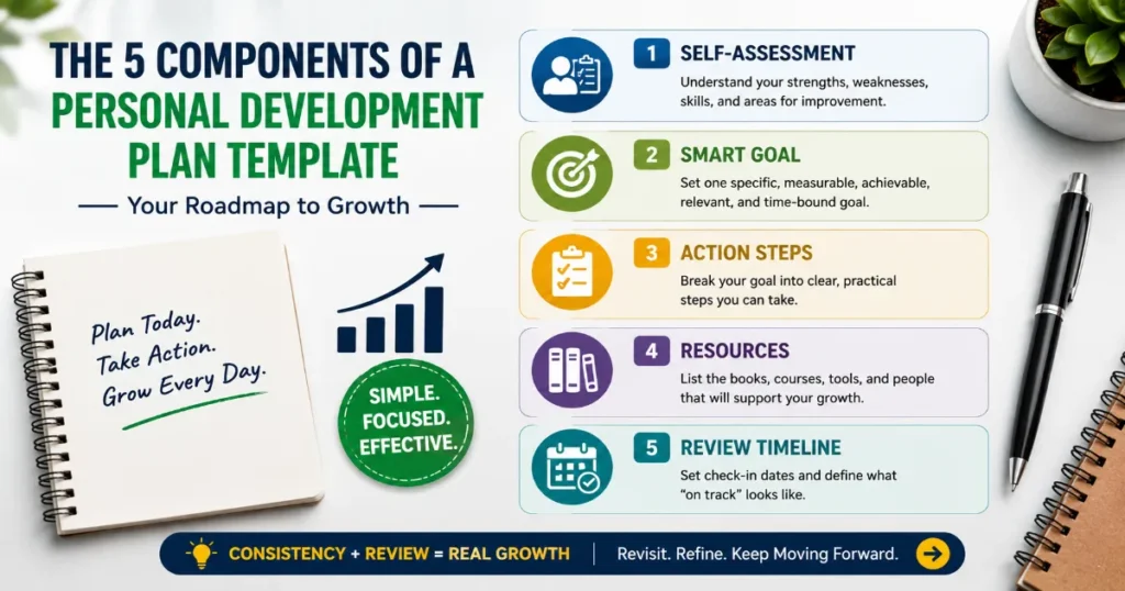 Five components of a personal development plan template including self-assessment, SMART goal, action steps, resources, and review timeline
