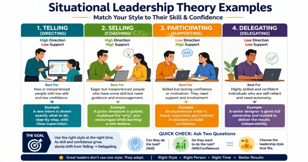 Situational leadership theory examples showing four leadership styles based on skill and confidence