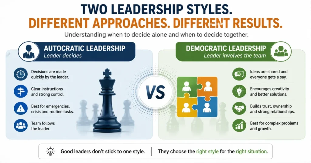 Autocratic vs democratic leadership comparison showing decision making, team involvement and workplace situations