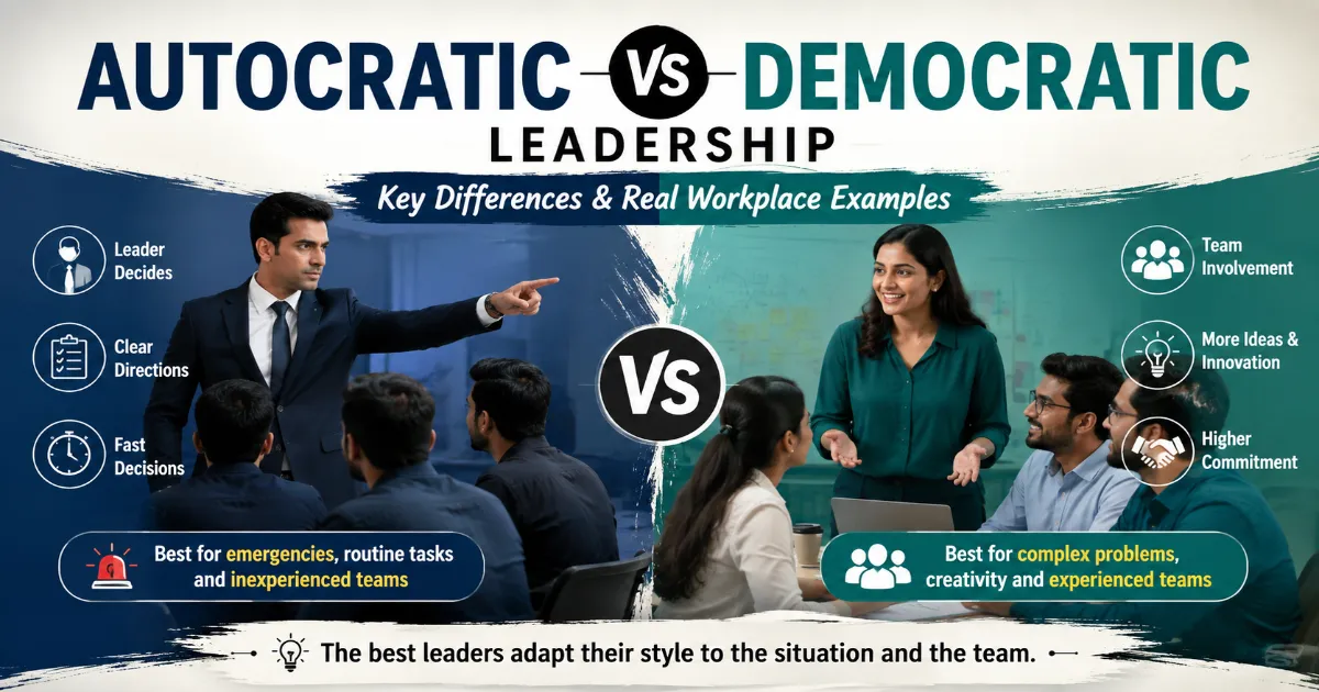 Autocratic vs democratic leadership showing key differences and workplace examples