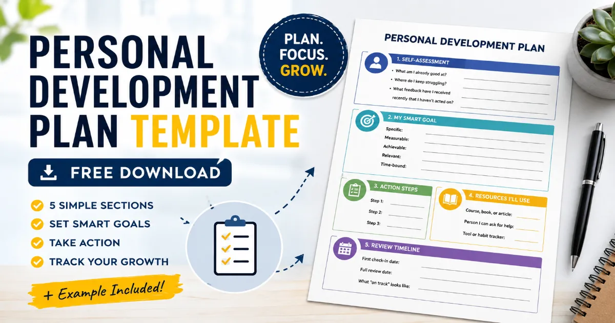 Personal development plan template with SMART goals, action steps, resources, and review timeline