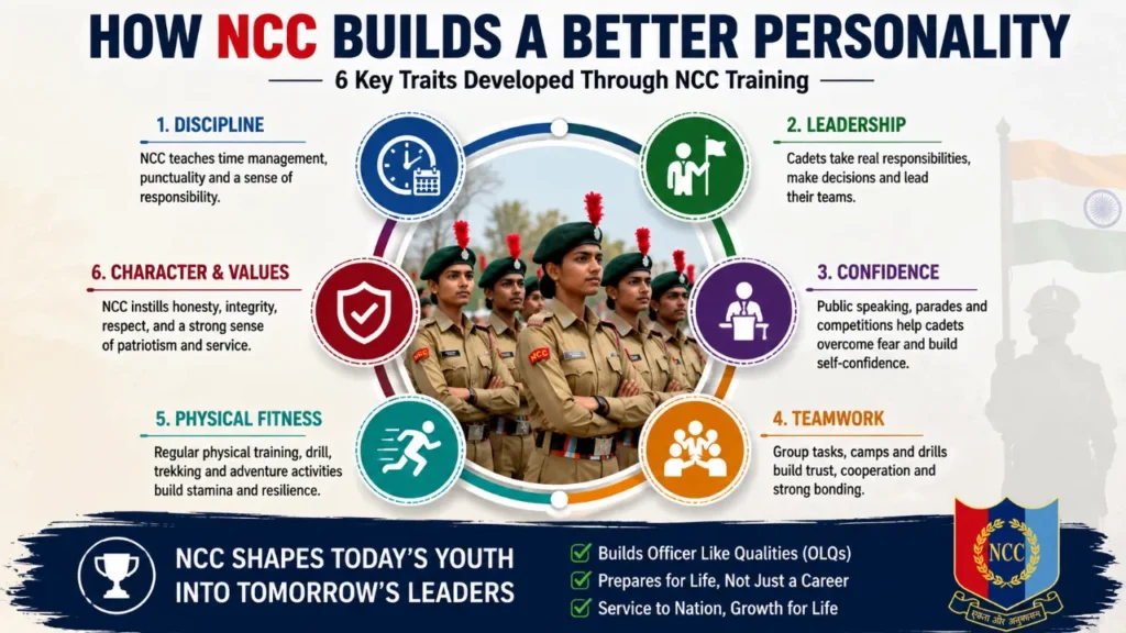 Role of NCC in personality development infographic showing six key traits developed through NCC training, including discipline, leadership, confidence, teamwork, physical fitness, and character.