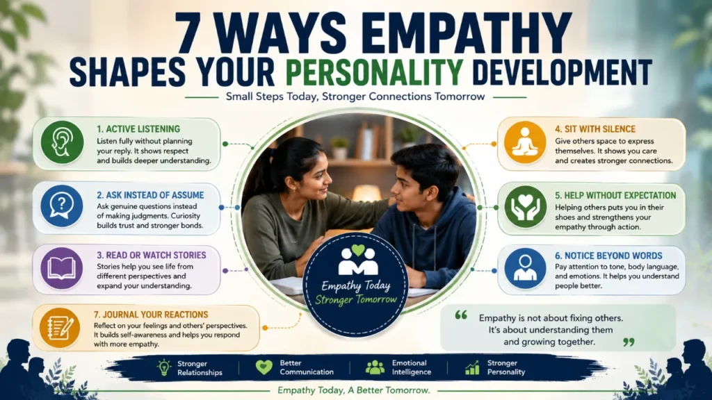 Role of empathy in personality development infographic showing 7 simple ways to develop empathy through active listening, perspective taking, and emotional intelligence