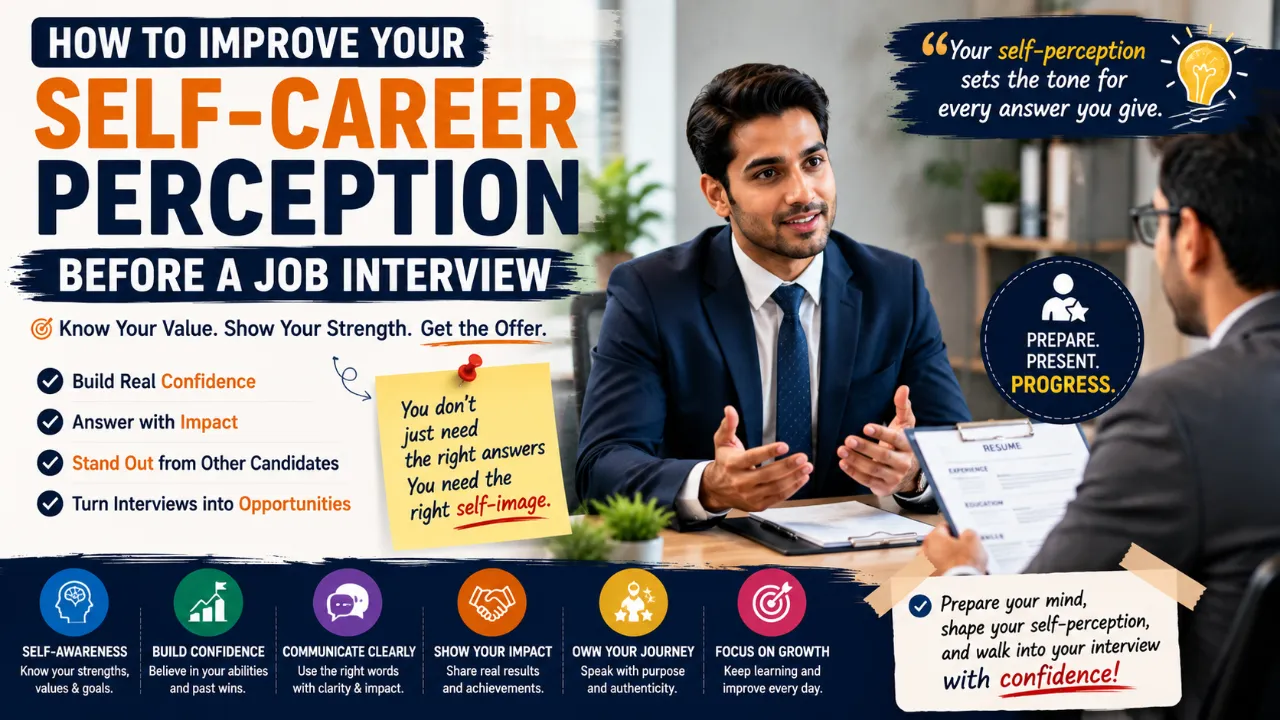 How to improve self-career perception in interview infographic with practical confidence tips, interview preparation, and self-awareness strategies
