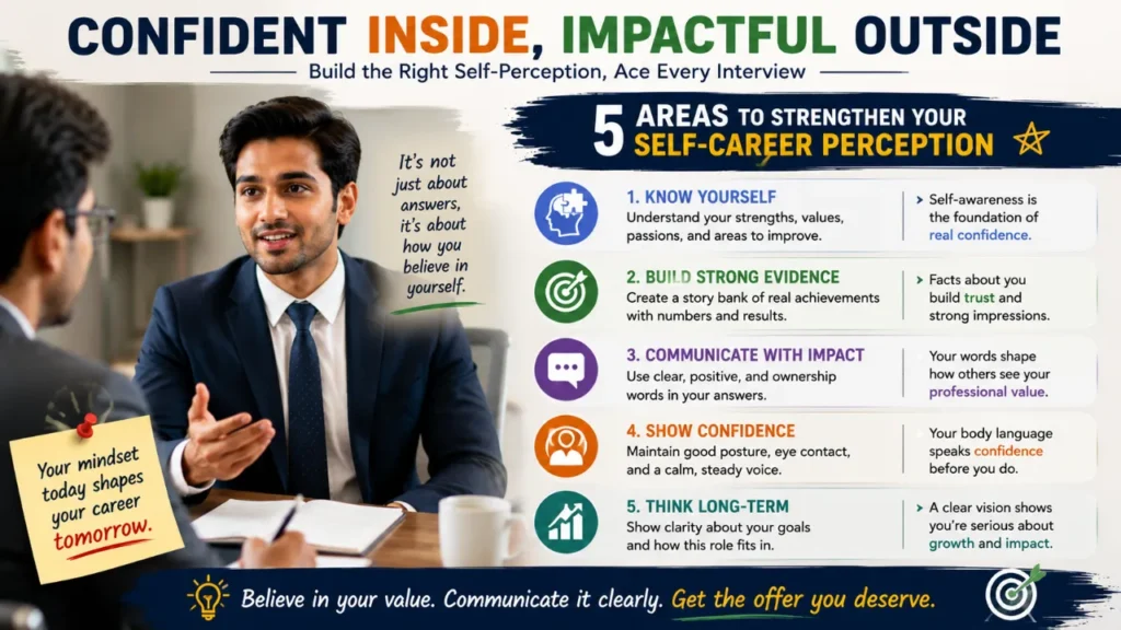 How to improve self-career perception in interview infographic showing five areas to build interview confidence, self-awareness, communication, and professional self-image