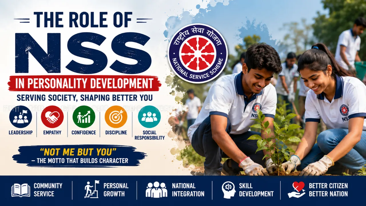 Role of NSS in Personality Development featured image showing NSS volunteers participating in community service activities that develop leadership, empathy, confidence, discipline, teamwork, and civic responsibility.