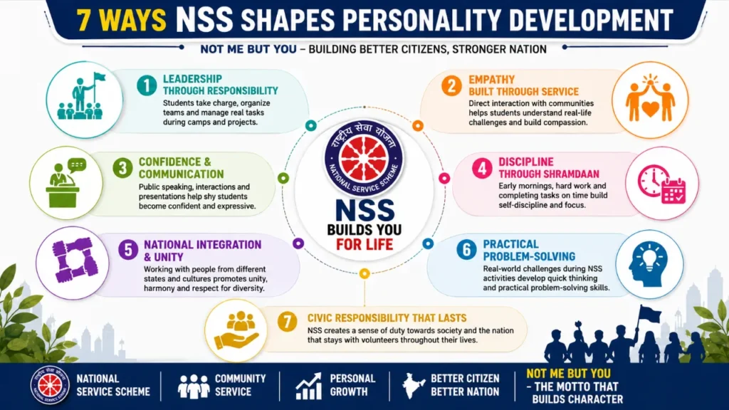 Role of NSS in Personality Development infographic showing seven ways the National Service Scheme develops leadership, empathy, confidence, discipline, national integration, problem-solving, and civic responsibility.