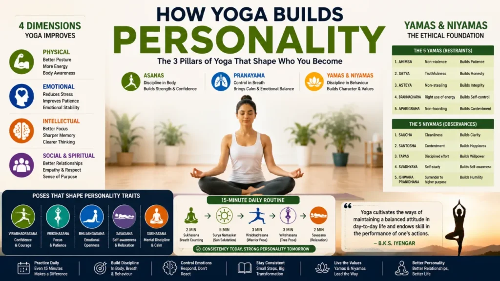 Yoga and personality development infographic showing asanas, pranayama, yamas and niyamas for discipline and self-control