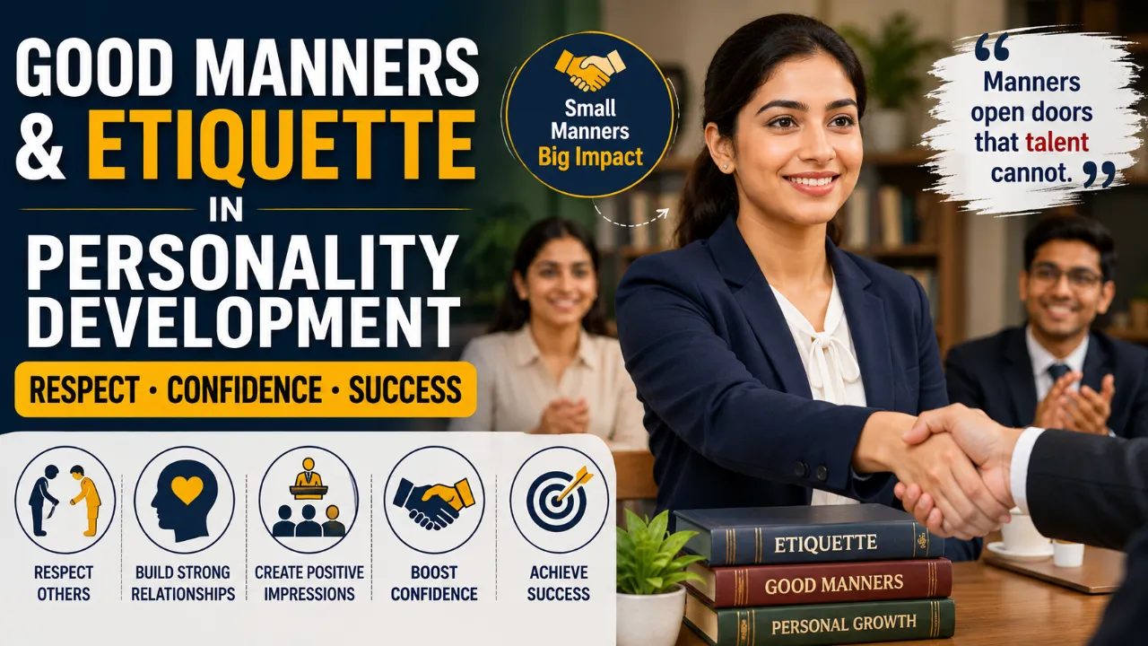 Good manners and etiquette in personality development showing respect, confidence, professional behavior, and positive first impressions