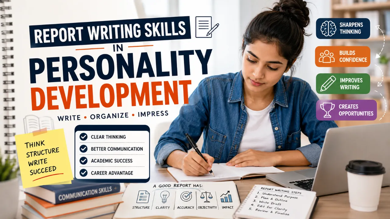 Student improving report writing skills in personality development through structured writing, clear communication, and organized thinking.