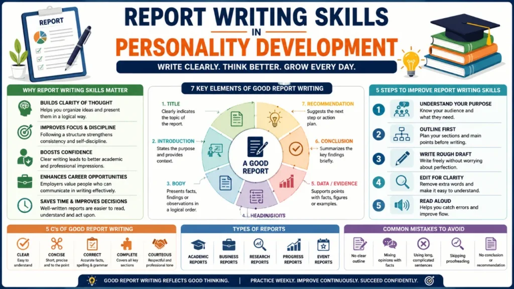 Infographic explaining report writing skills in personality development, including key elements, 5 C's, report types, writing steps, and common mistakes.