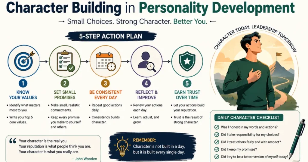 Character building in personality development infographic showing a 5-step action plan to build strong character through values, consistency, self-reflection, and trust.