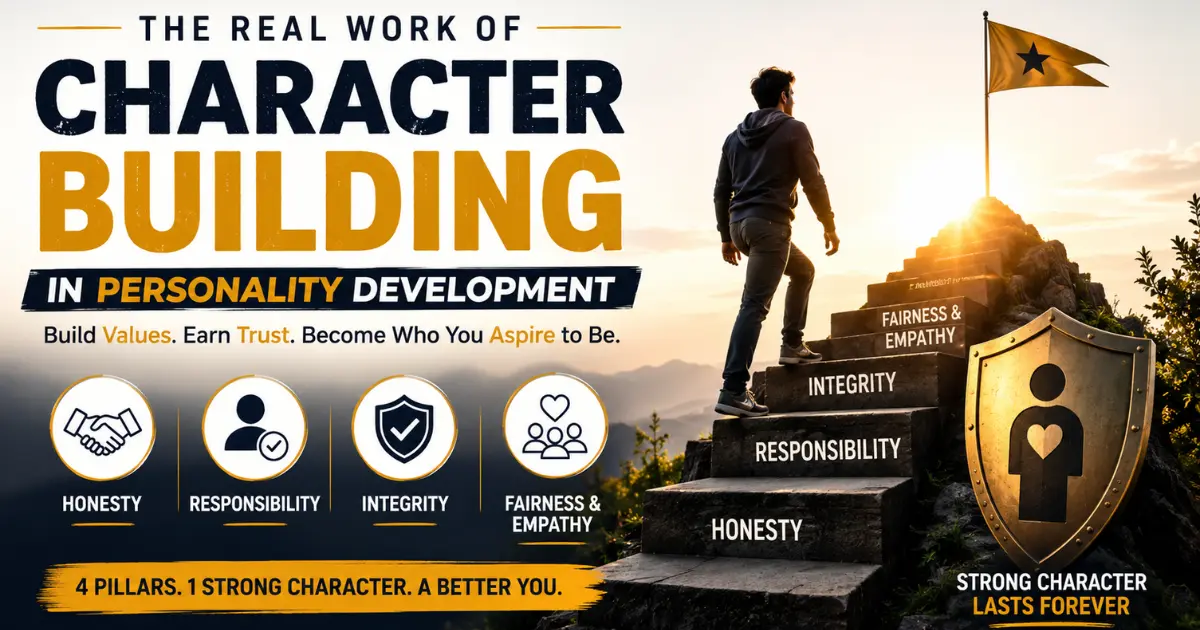Character building in personality development infographic showing the four pillars: honesty, responsibility, integrity, and fairness with a step-by-step path to building strong character.