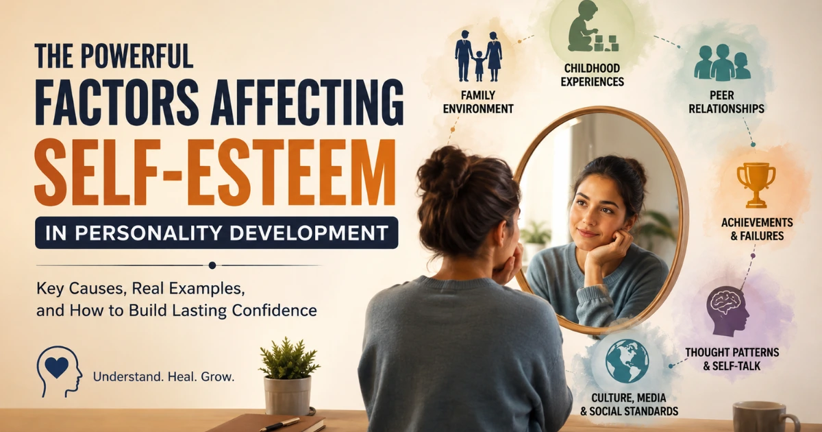 Illustration showing the key factors affecting self-esteem in personality development, including childhood experiences, family environment, peer relationships, achievements, self-talk, and social influences.