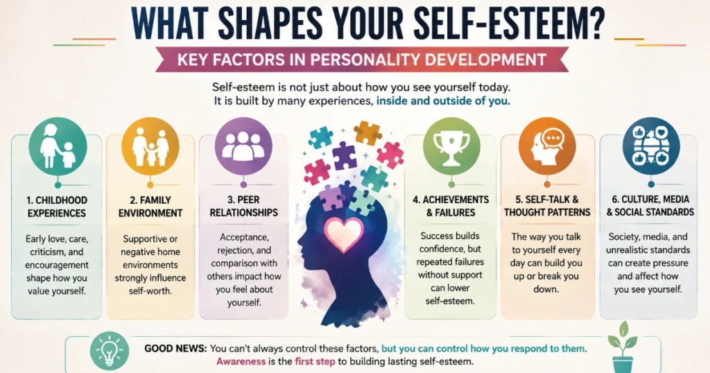 Factors affecting self-esteem in personality development infographic showing childhood experiences, family environment, peer relationships, achievements, self-talk, and culture