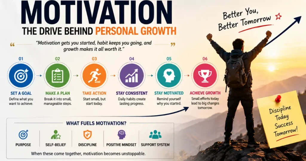 Infographic explaining motivation in personality development with step-by-step process including goal setting, planning, taking action, consistency, self-motivation, and personal growth.