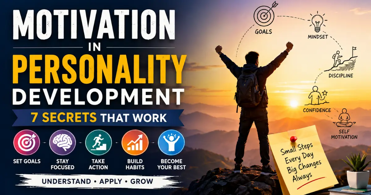Illustration of motivation in personality development showing goal setting, discipline, confidence, self-motivation, and personal growth journey.