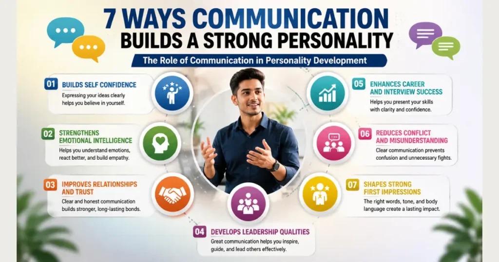 Infographic explaining the role of communication in personality development, showing how communication builds confidence, emotional intelligence, leadership, trust, career success, relationships, and first impressions.