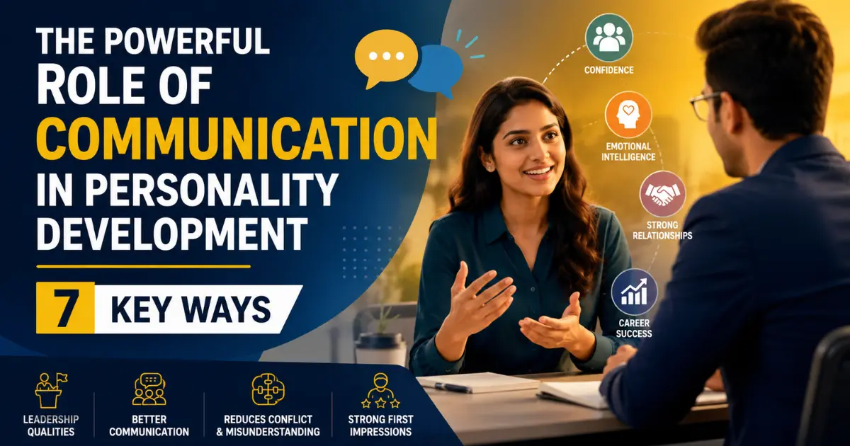 Illustration showing the role of communication in personality development, highlighting confidence, emotional intelligence, leadership, strong relationships, and career success through effective communication skills.
