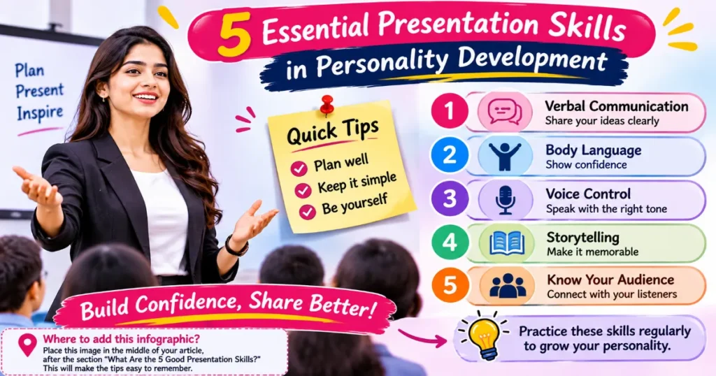 Presentation Skills in Personality Development infographic showing verbal communication, body language, voice control, storytelling, and audience awareness.